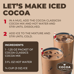 Close-up of a single Cocoa Classics packet ready to open for quick preparation and portability