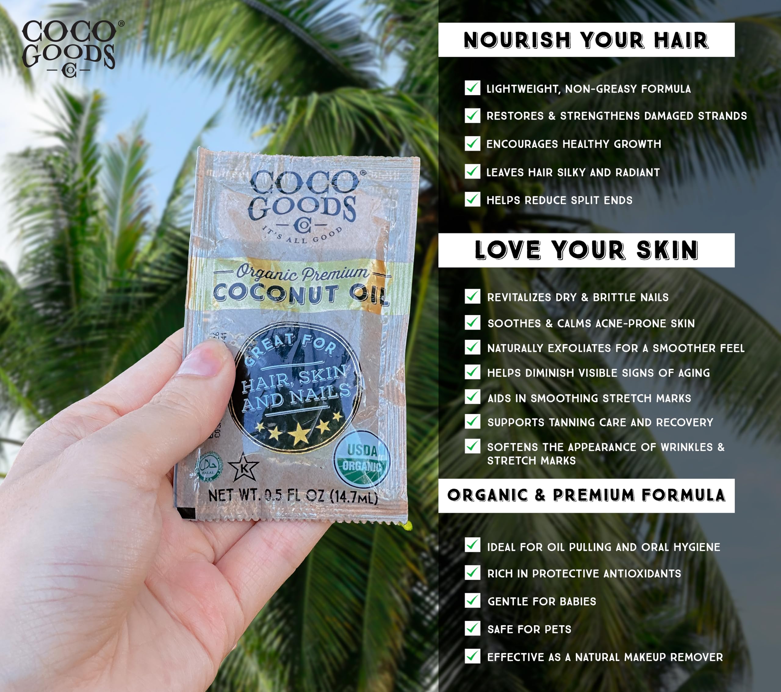 COCOGOODSCO jar held in hand showing travel-size convenience and portioning