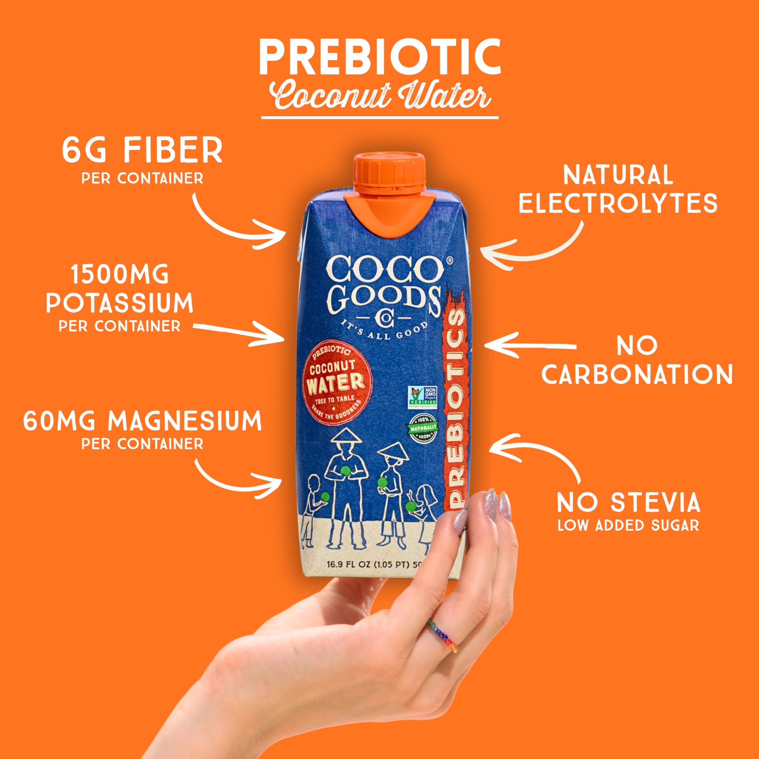 CocoGoods Co. label closeup highlighting prebiotic fiber facts and ingredients