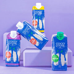 CocoGoodsCo poured into a glass showcasing clear hydration and refreshing natural taste benefit
