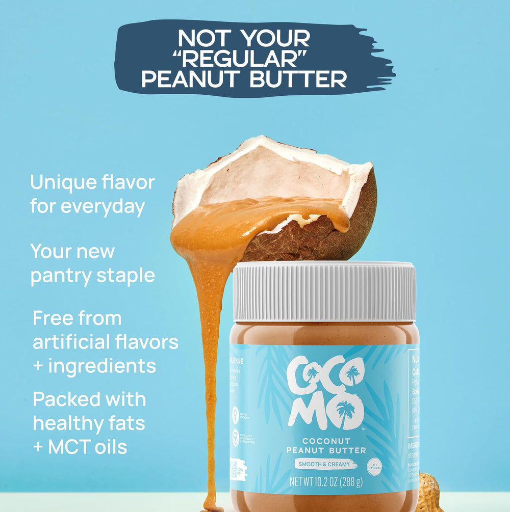 COCOMO close-up of smooth coconut peanut butter texture highlighting creamy spreadability