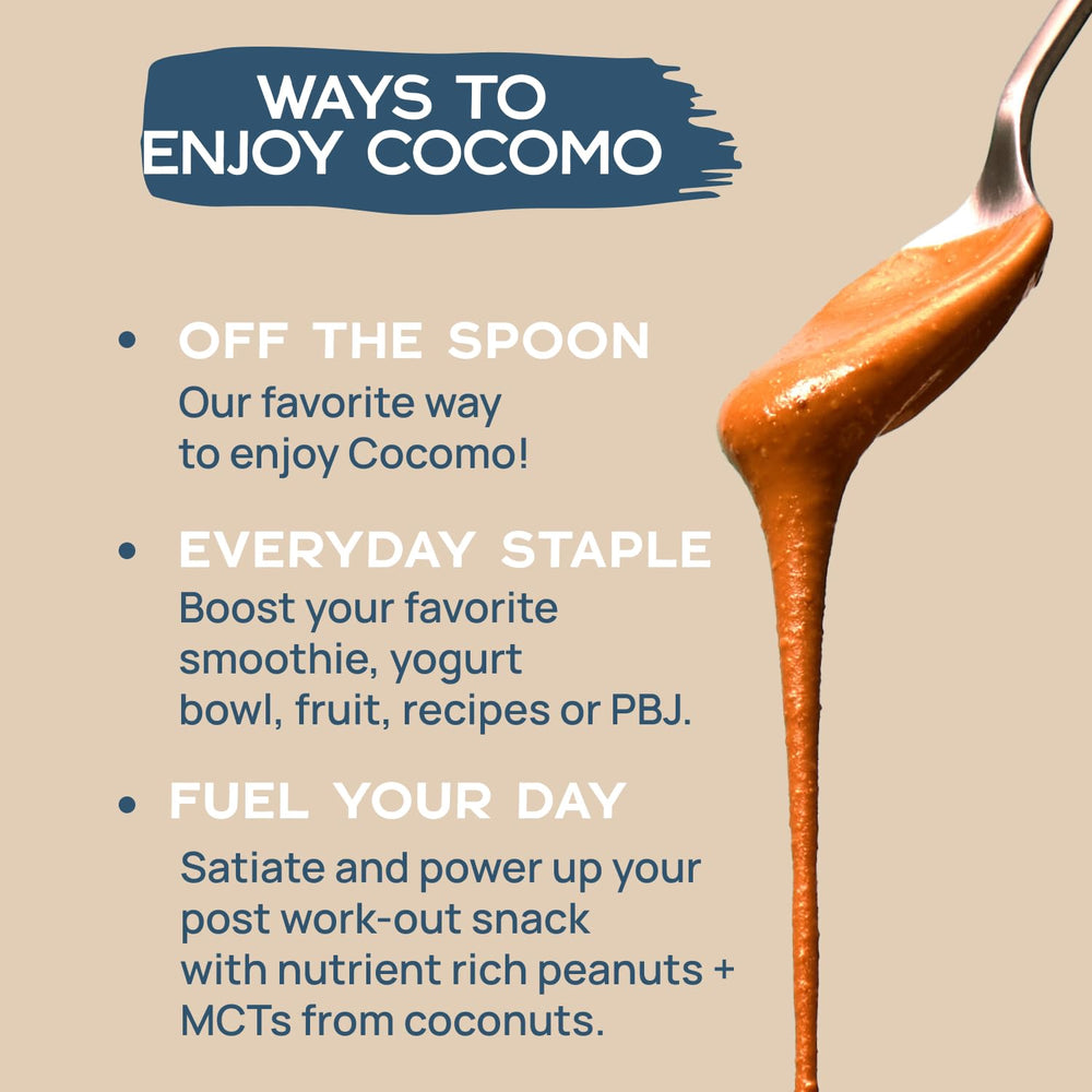 COCOMO jar next to peanuts and coconut showing natural ingredients and flavor fusion
