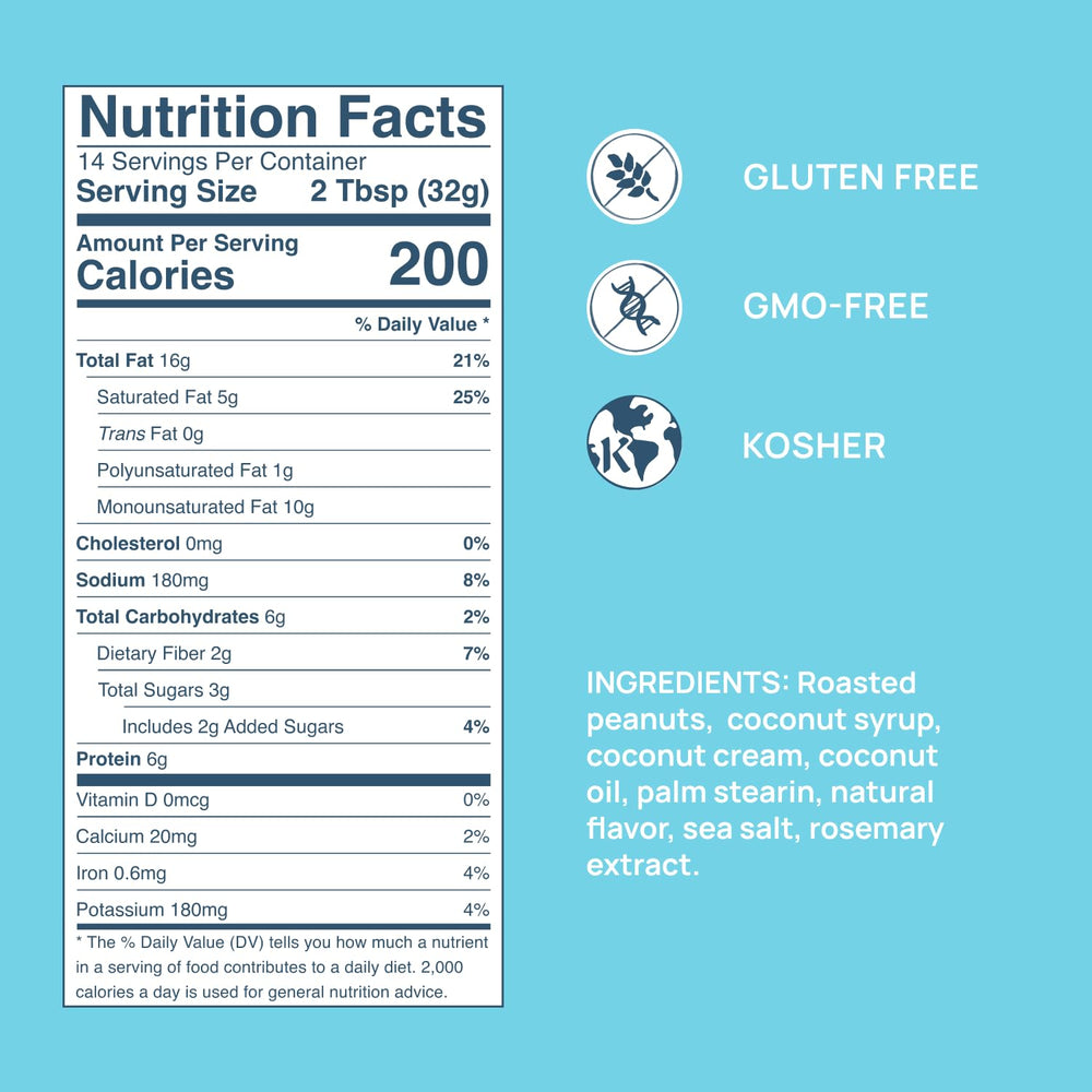 COCOMO jar beside measuring spoon showing serving size and protein benefit