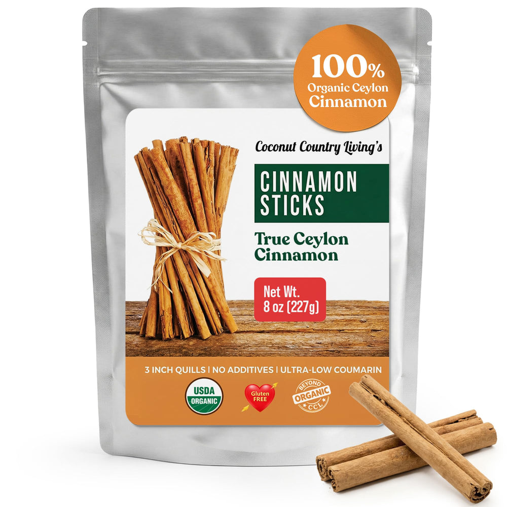 Coconut Country Living front packaging showing organic cinnamon sticks and benefits