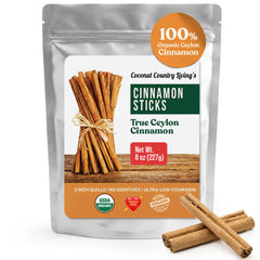 Coconut Country Living front packaging showing organic cinnamon sticks and benefits
