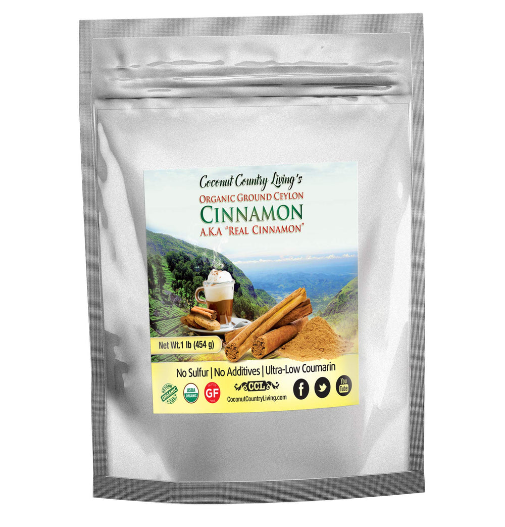Coconut Country Living front pouch showing organic Ceylon cinnamon and freshness