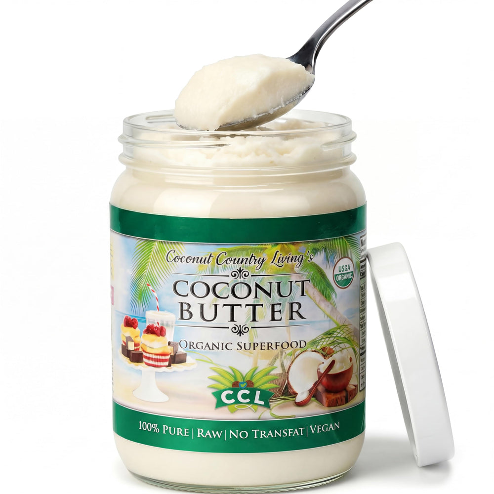 Coconut Country Living front glass jar showing label and packaging benefit