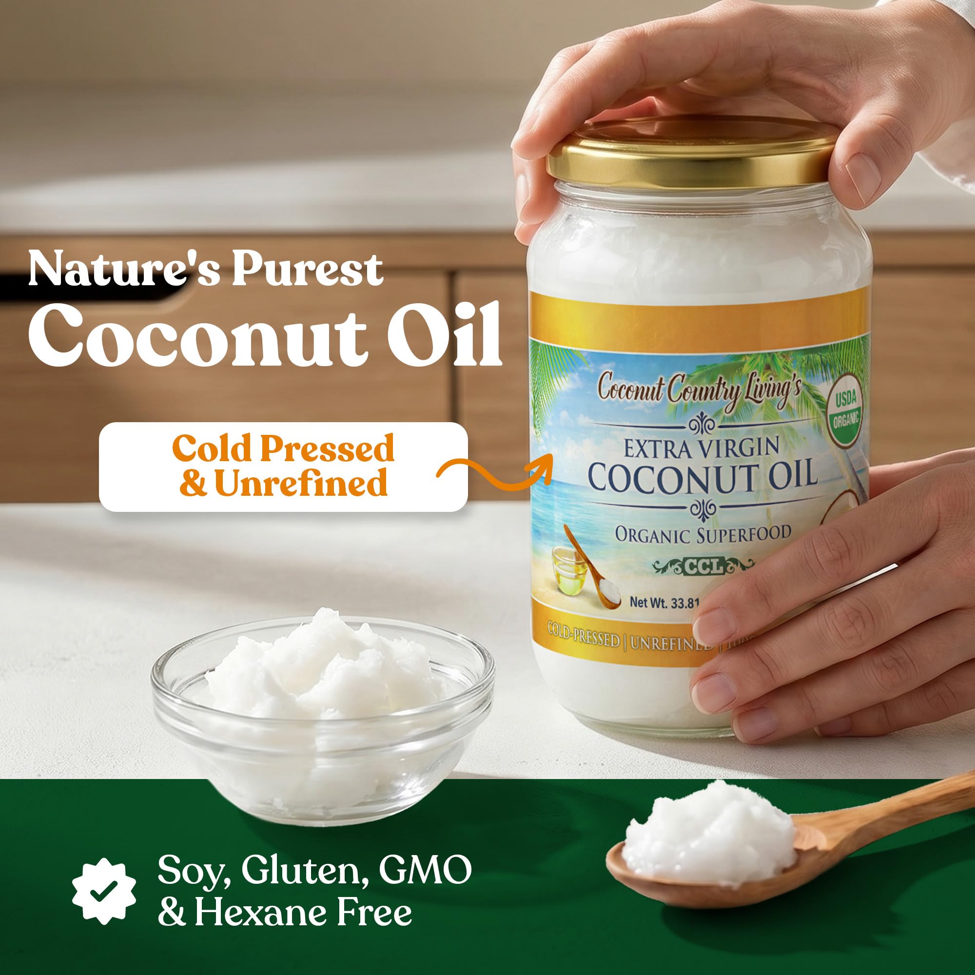 Coconut Country Living melted oil on spoon demonstrating quick melting for cooking
