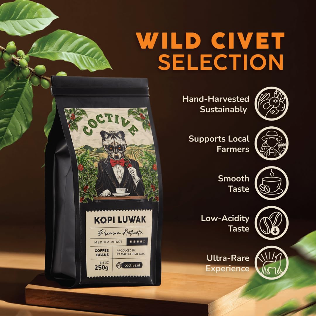 Close-up of Coctive Kopi Luwak whole beans highlighting texture and roast quality