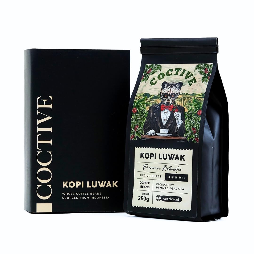 Coctive front packaging of Kopi Luwak showing luxury label and weight, appealing presentation