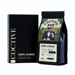 Coctive front packaging of Kopi Luwak showing luxury label and weight, appealing presentation