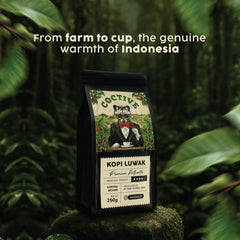 Roasted Coctive Kopi Luwak beans beside ground coffee illustrating grind options