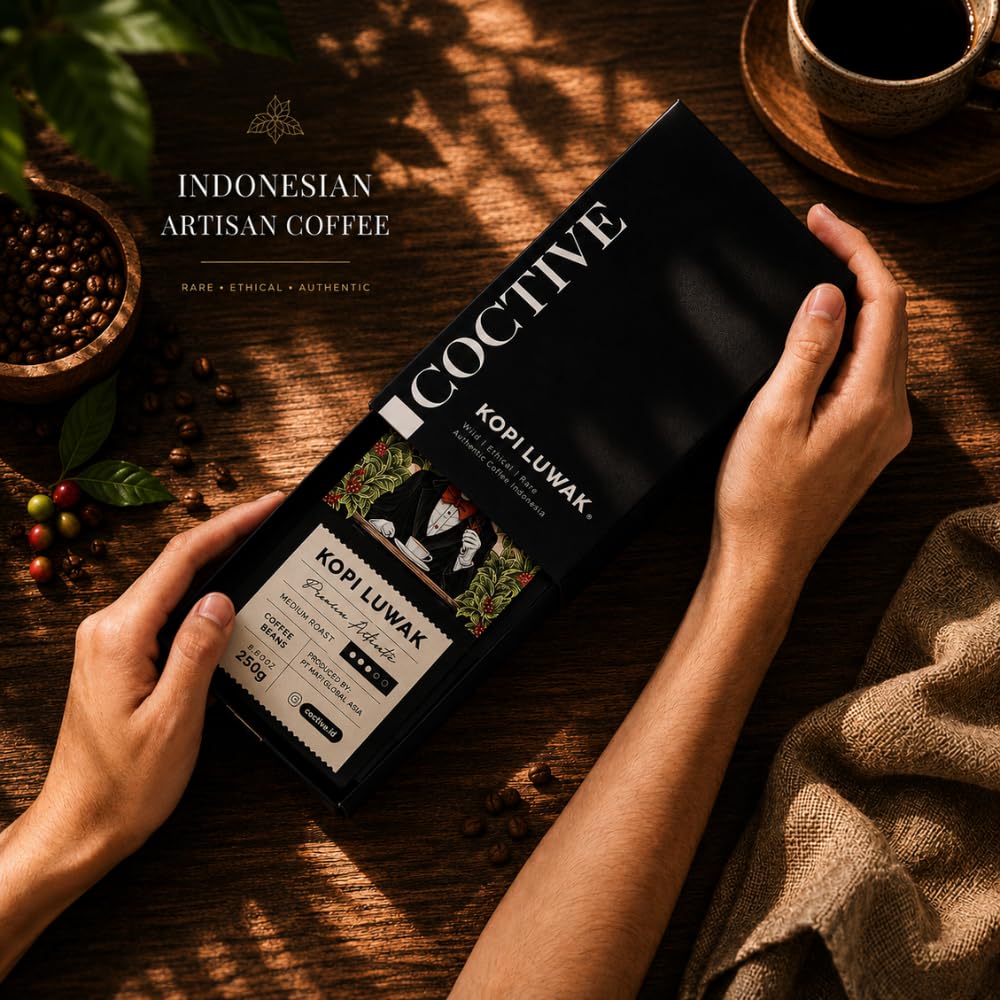 Coctive Kopi Luwak 8.8 oz bag next to a measuring scale demonstrating package size