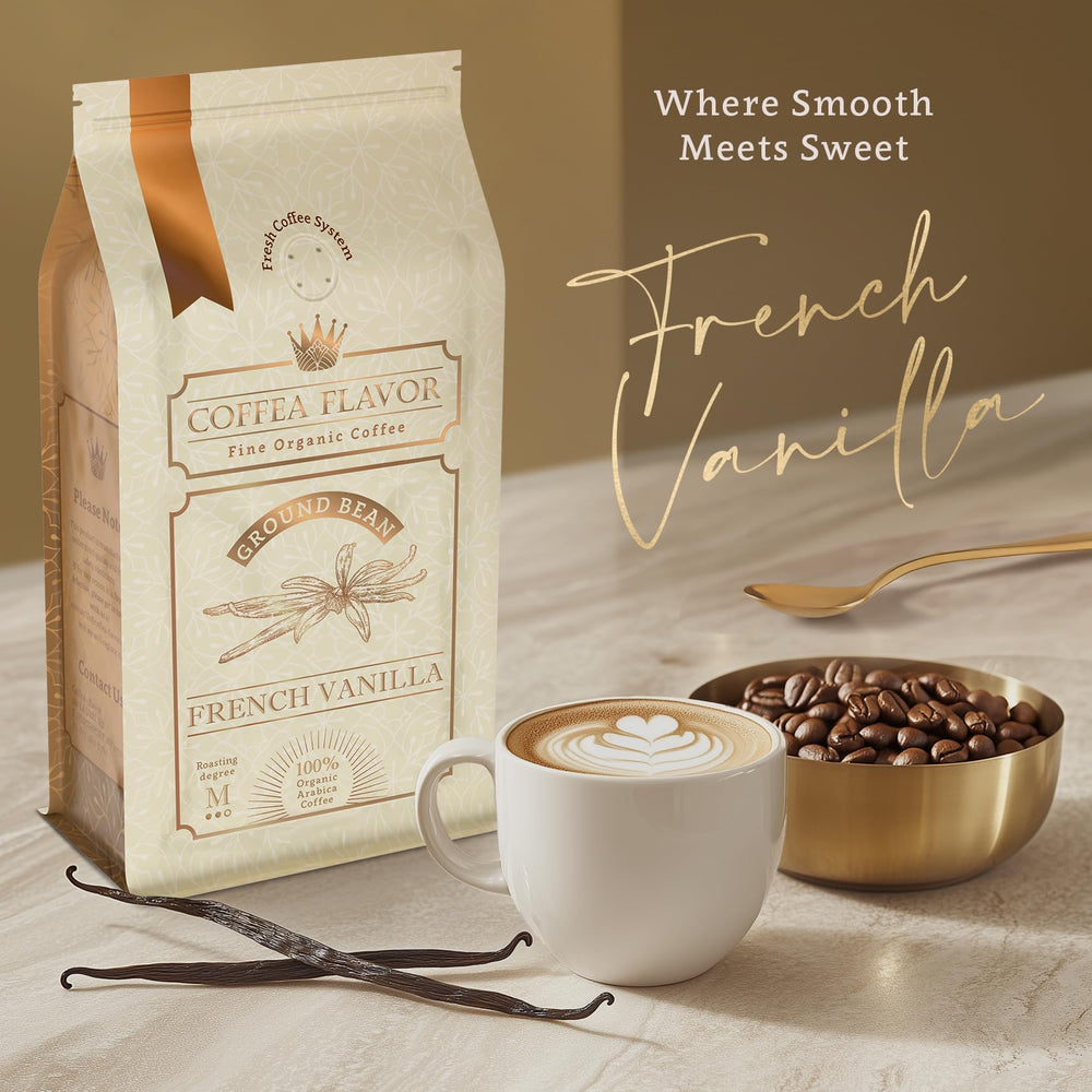 COFFEA FLAVOR FINE ORGANIC COFFEE closeup of whole beans revealing natural vanilla-infused oils