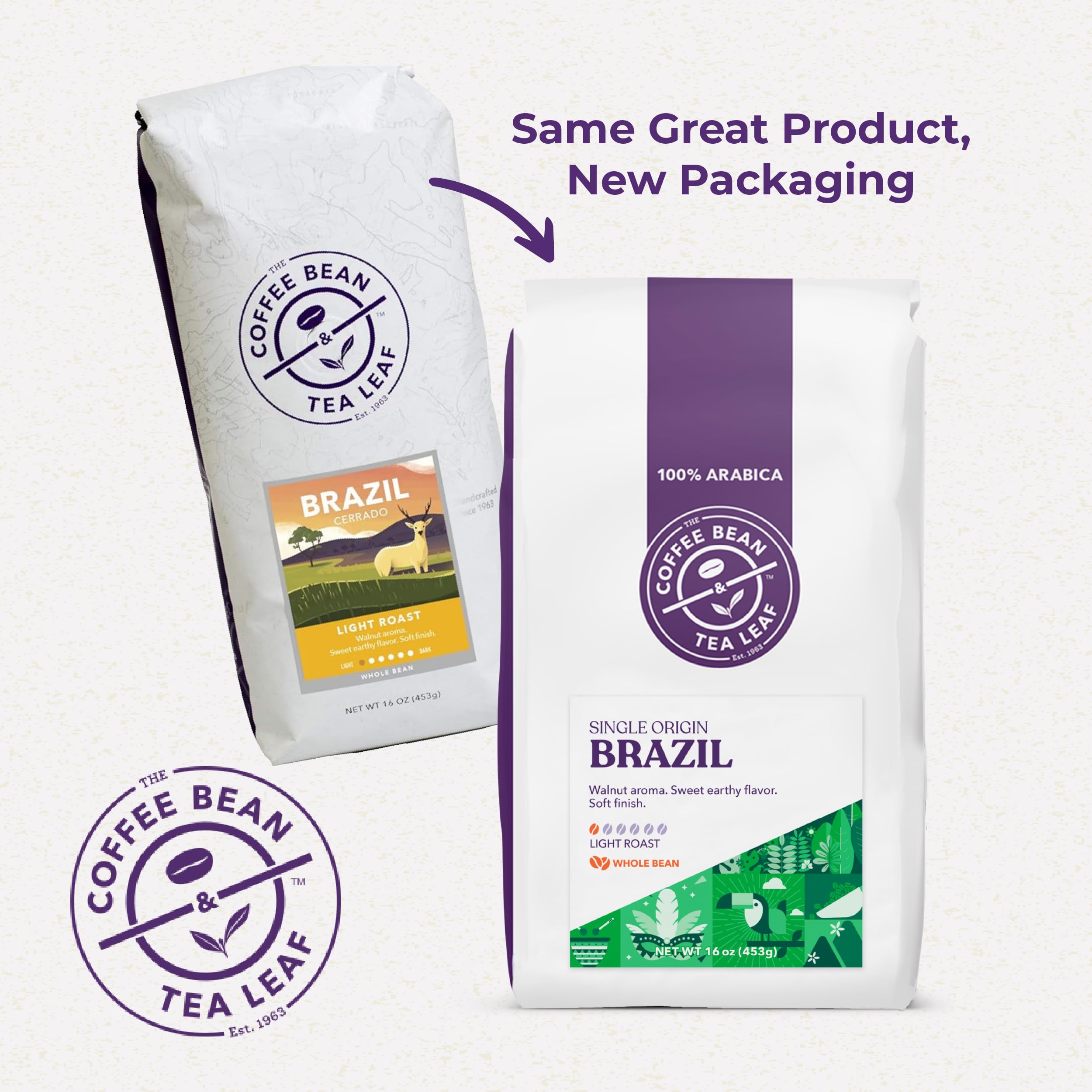 Coffee Bean & Tea Leaf close-up of Brazil Cerrado whole beans highlighting texture and roast clarity
