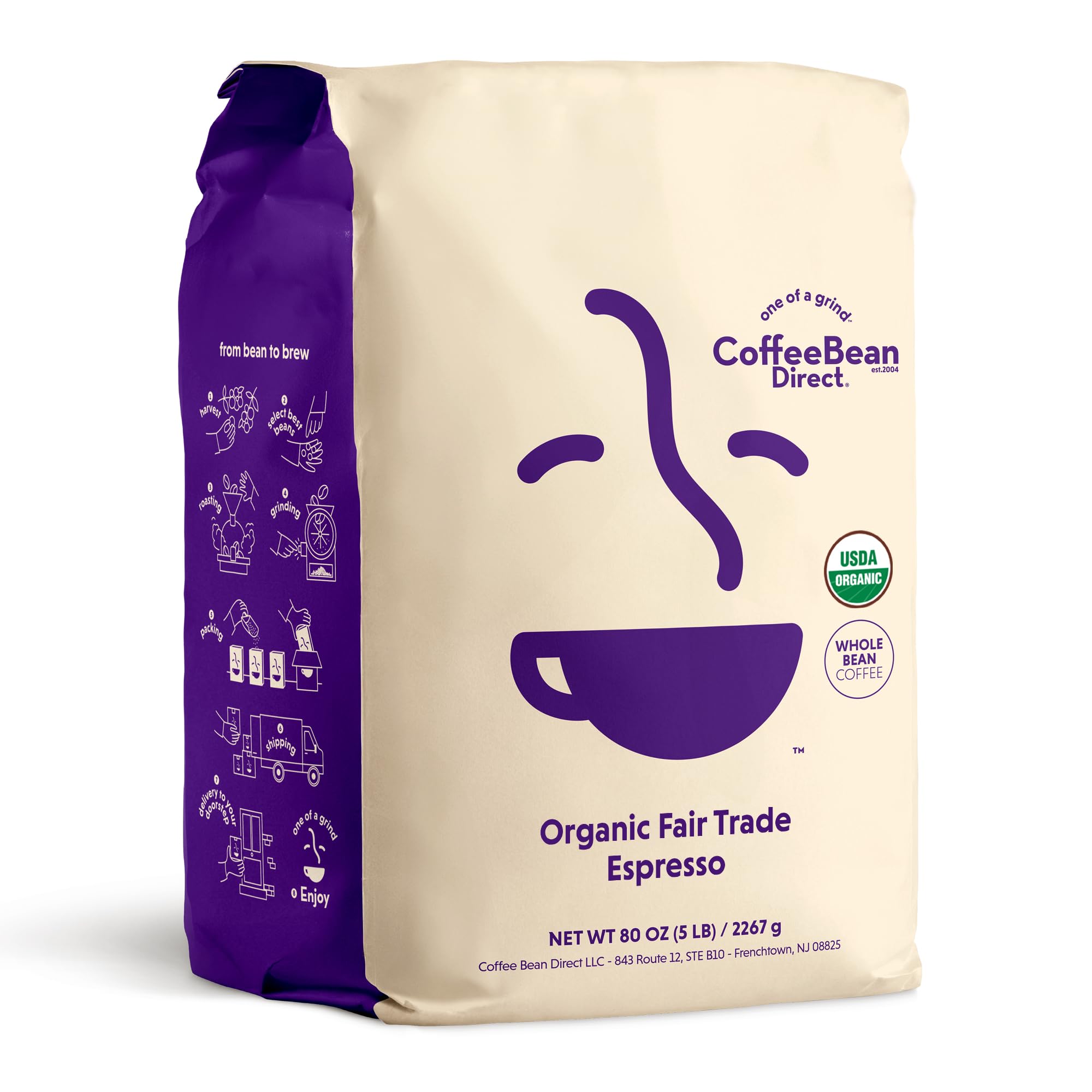 Coffee Bean Direct 5lb bag front view showing brand and packaging benefits