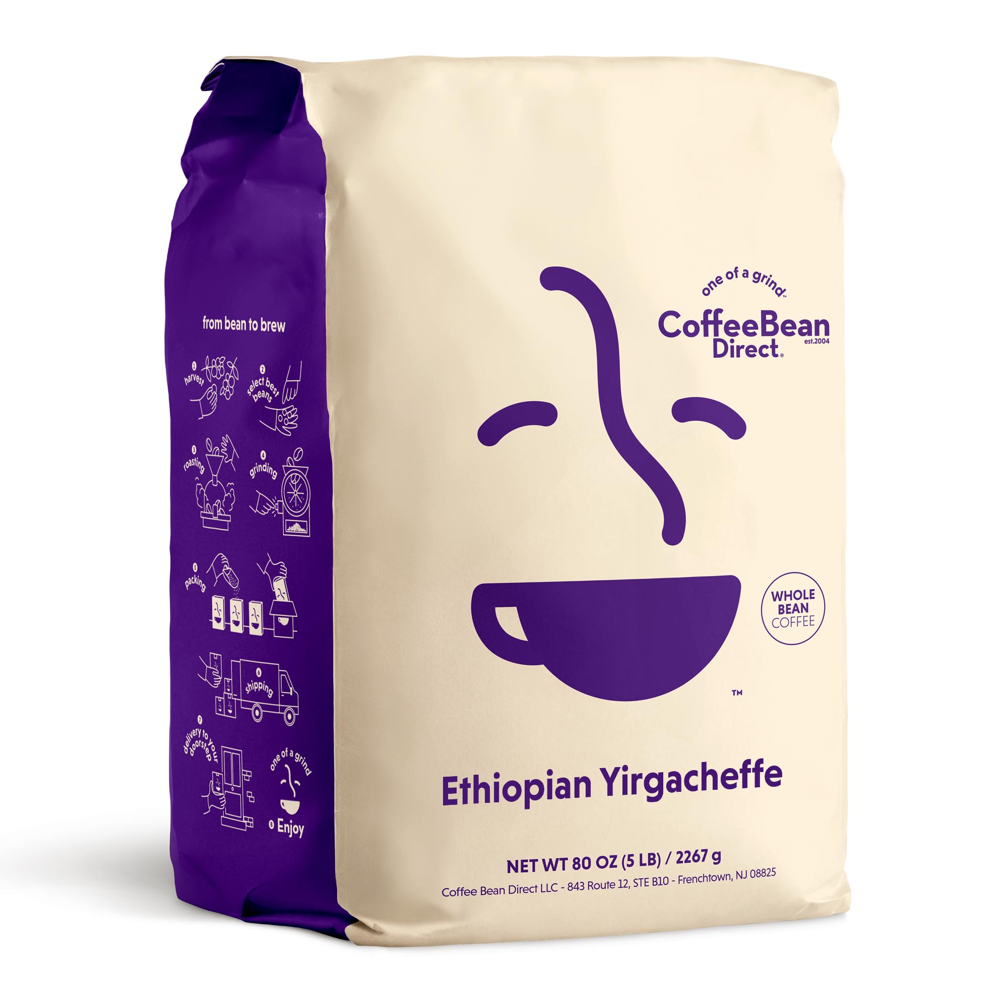 Coffee Bean Direct front packaging showing 5 lb bag and origin benefits