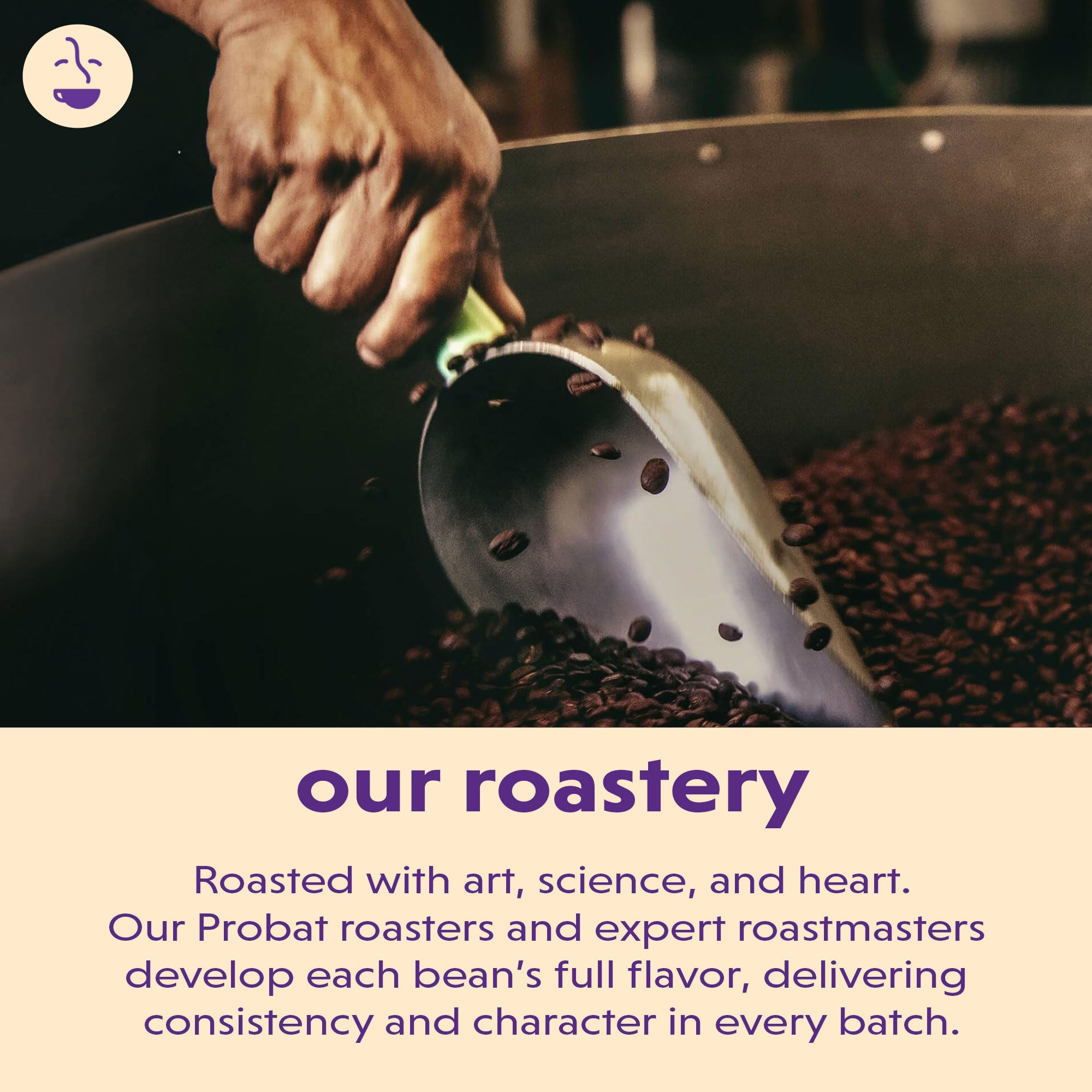 Close view of Coffee Bean Direct label and roaster badge signaling quality sourcing