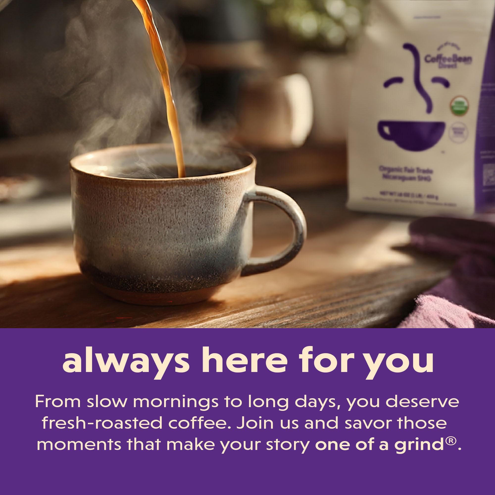Coffee Bean Direct opened 5 lb bag with scoop showing easy access and bulk convenience