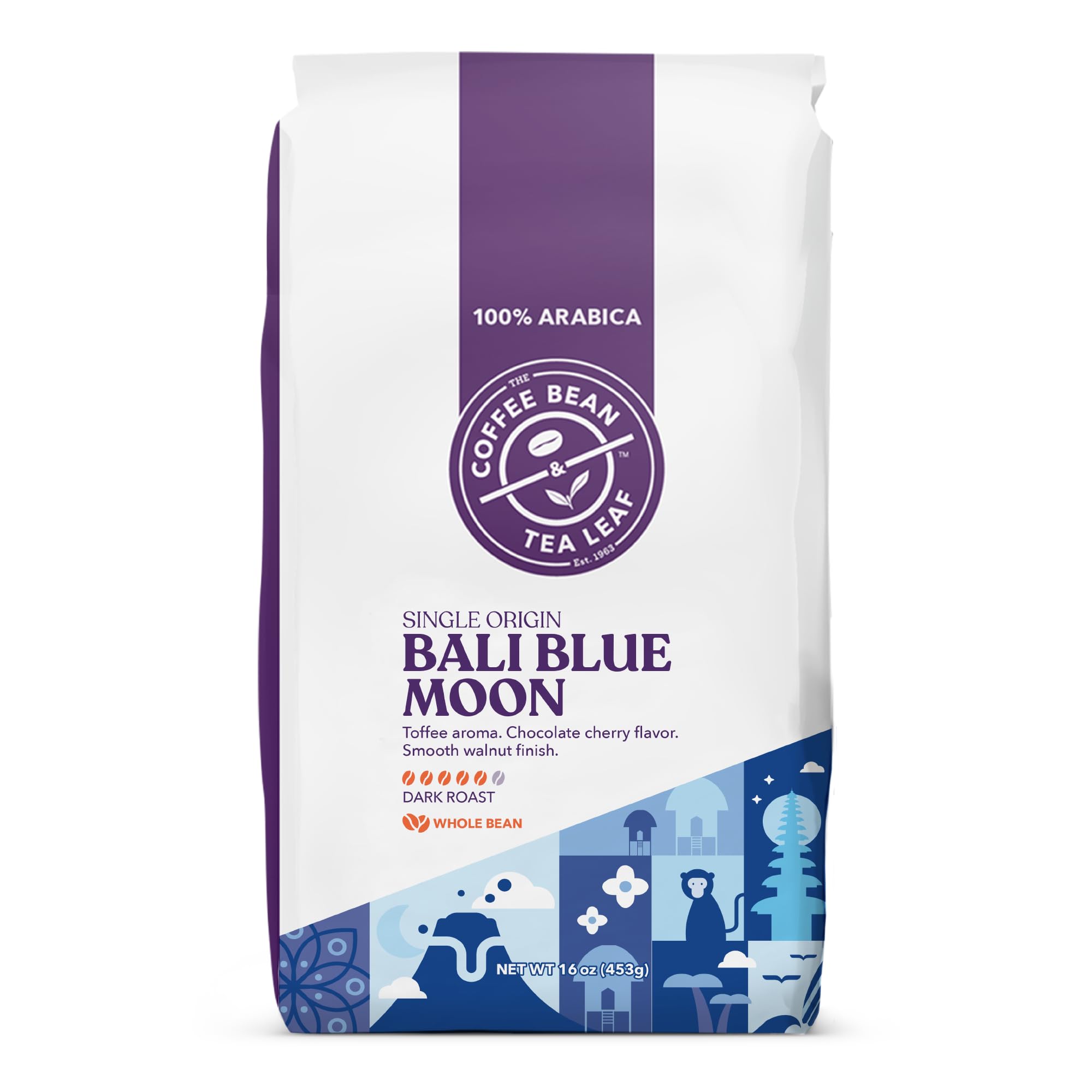 Coffee Bean & Tea Leaf front bag showing Bali Blue Moon label and benefit of dark-roast aroma