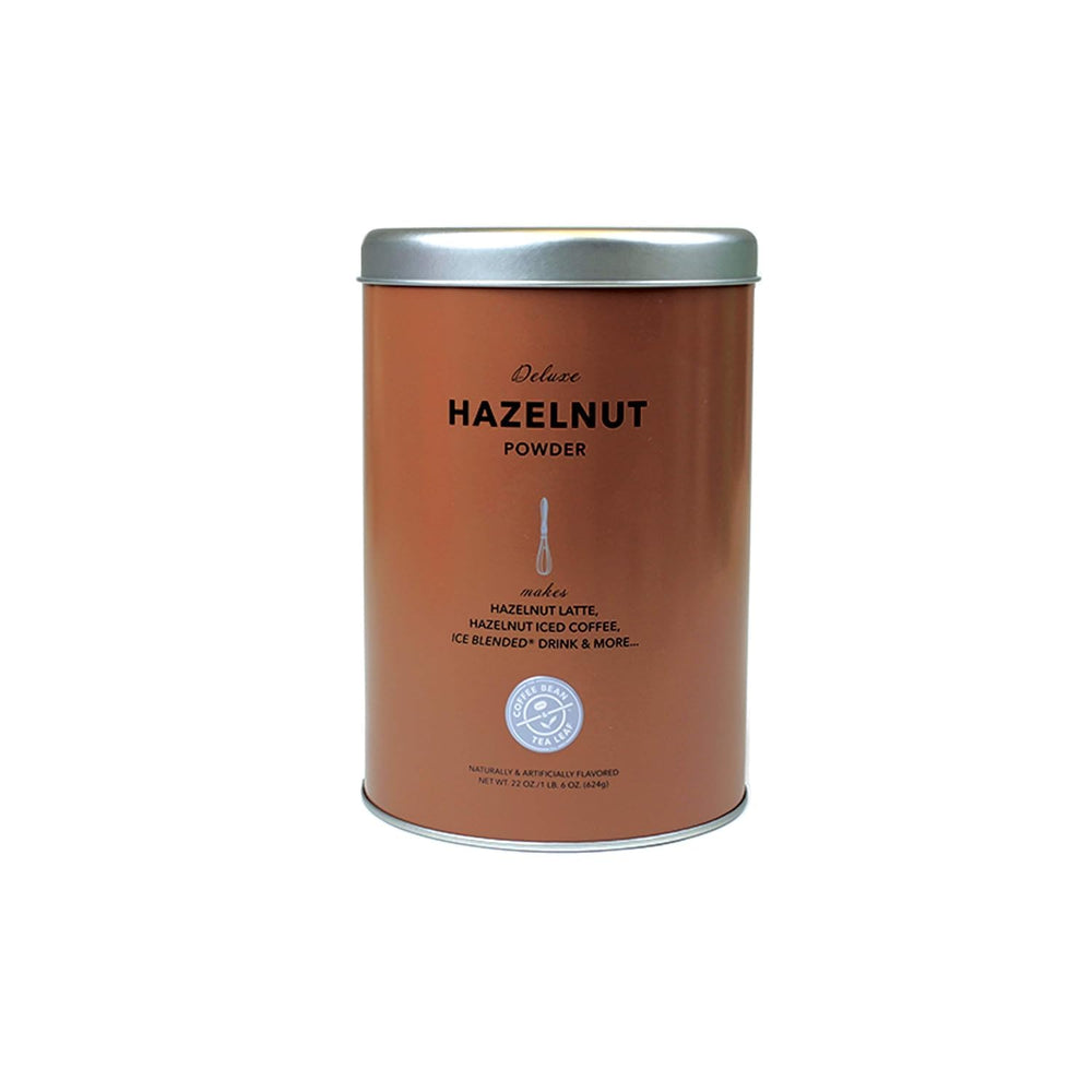 Coffee Bean & Tea Leaf tin front showing brand and hazelnut creamer convenience