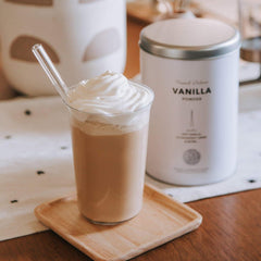 The Coffee Bean & Tea Leaf open tin with powder visible, showing easy scoop convenience