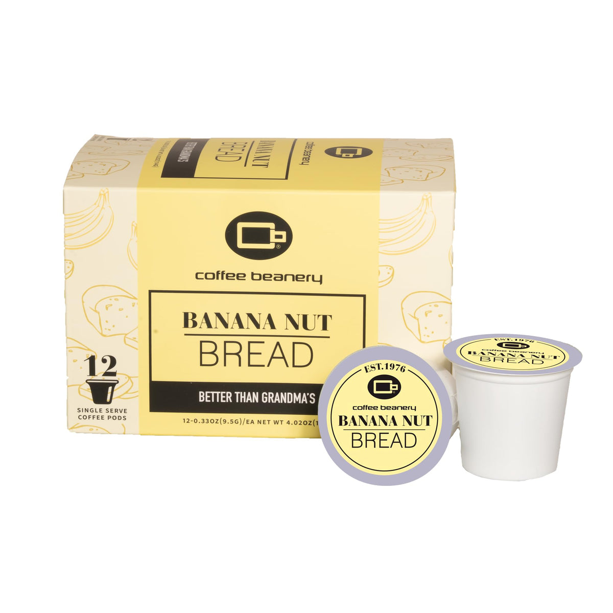 Coffee Beanery front packaging showing 12-count banana nut bread pods and benefits