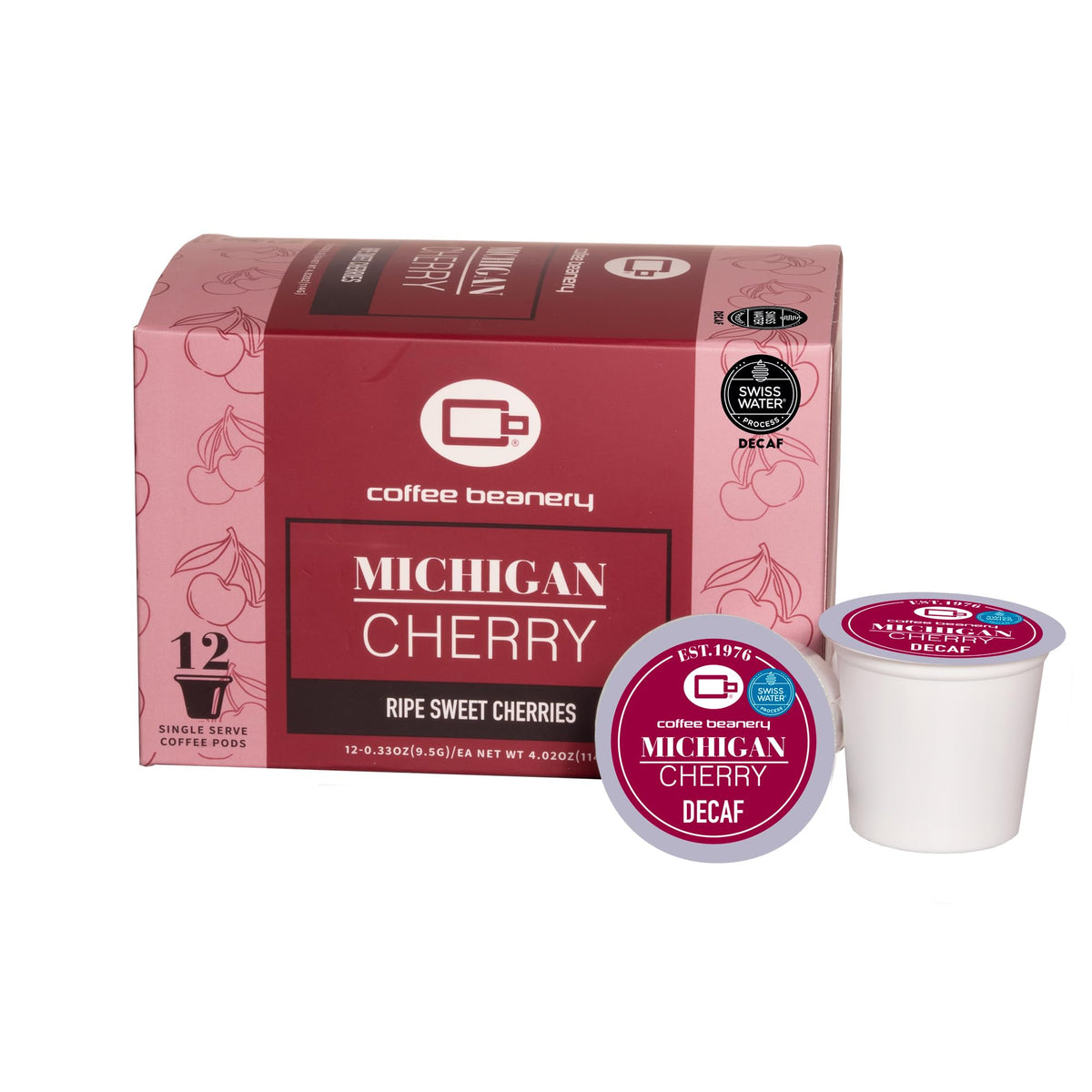 Coffee Beanery front box showing Michigan Cherry decaf pods and vibrant label benefit convenient single-serve