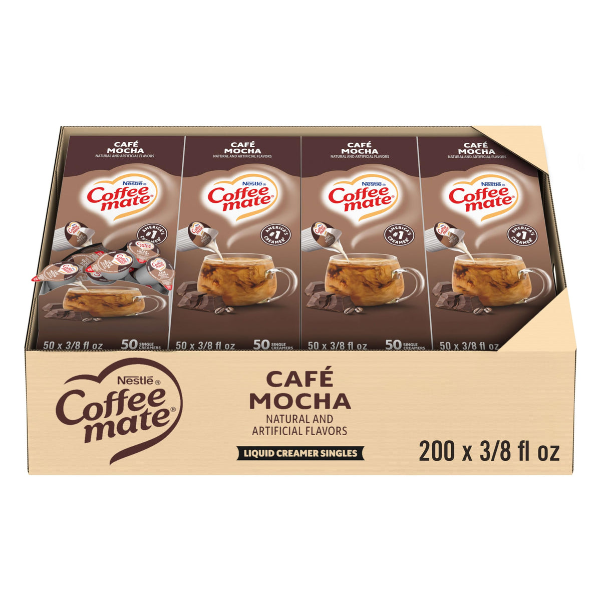Coffee mate Café Mocha front packaging showing 200-count convenience and branding