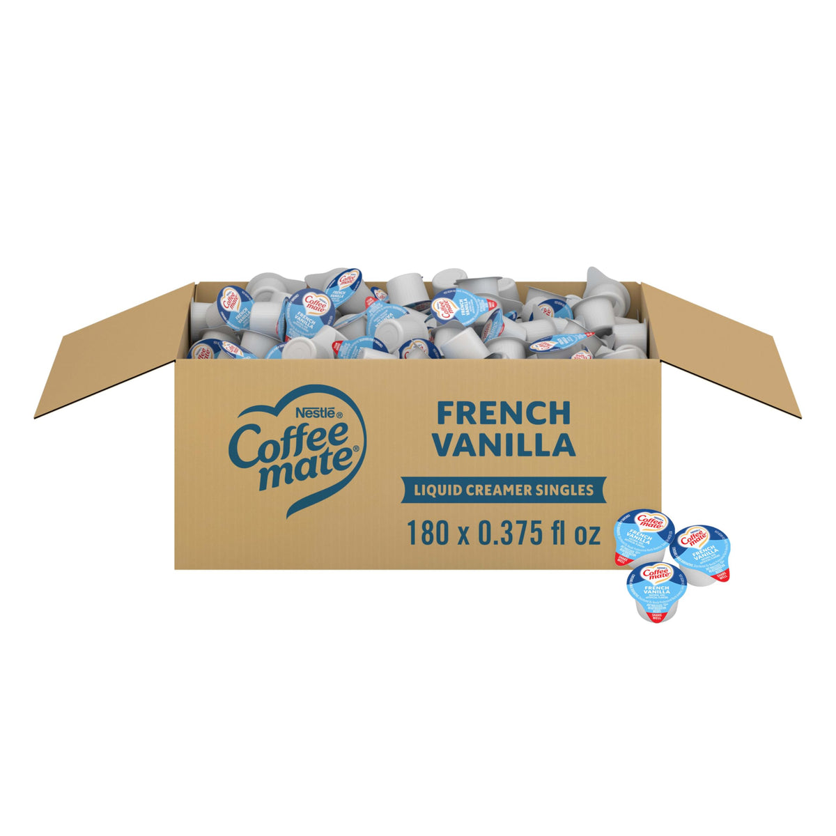 Coffee Mate front box of 180 French Vanilla tubs showing packaging and quantity benefit