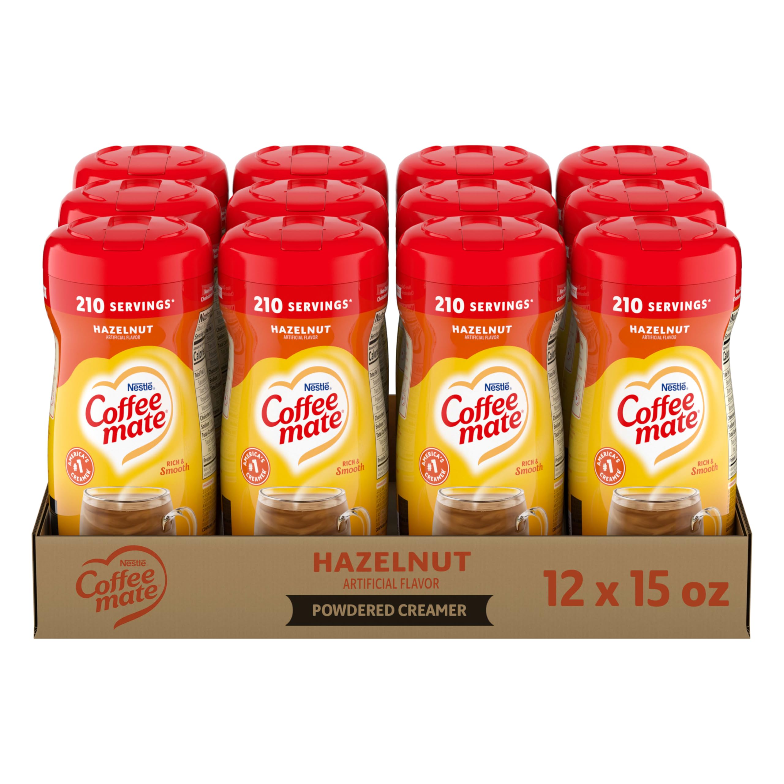 Coffee mate front canister showing hazelnut flavor and easy storage benefit