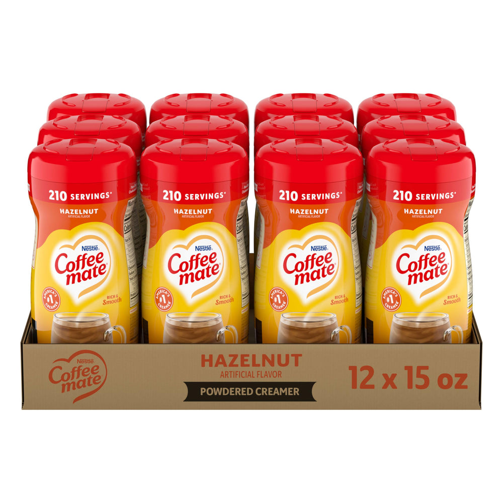 Coffee mate front canister showing hazelnut flavor and easy storage benefit