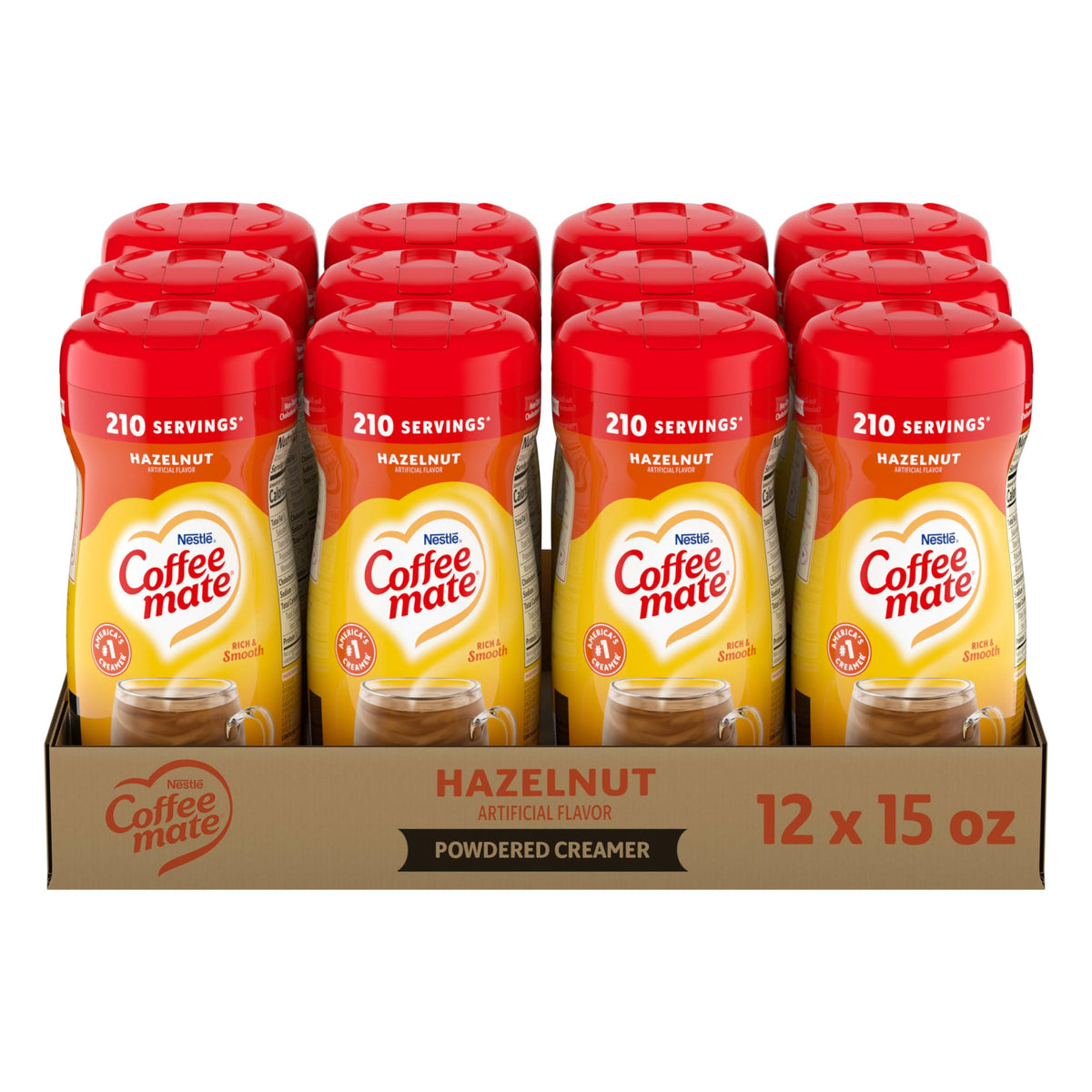 Coffee mate front canister showing hazelnut flavor and easy storage benefit
