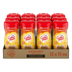 Coffee mate front canister showing hazelnut flavor and easy storage benefit