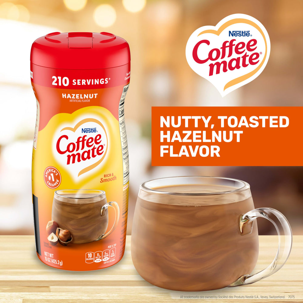 Coffee mate open canister with scoop showing quick pouring and portion control