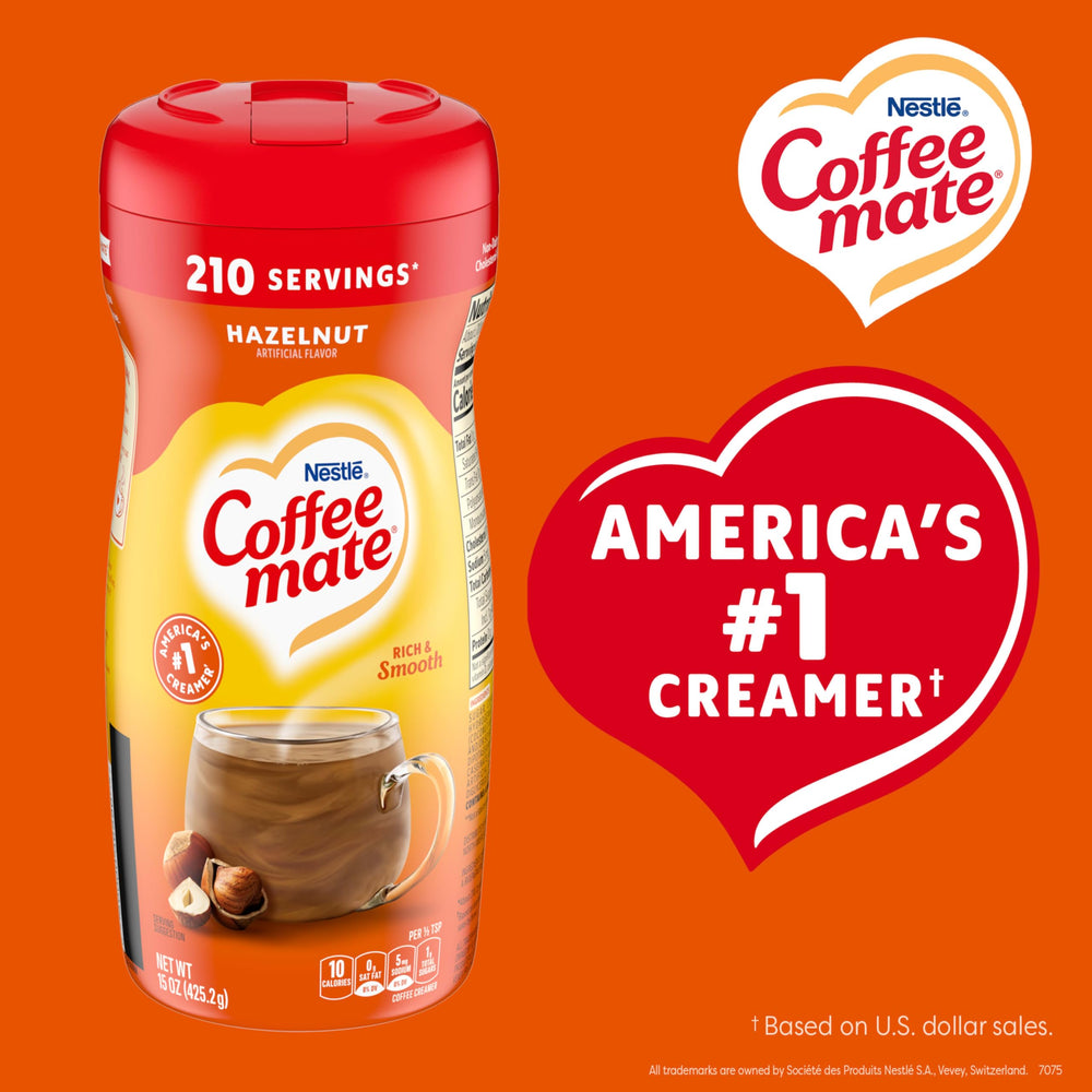 Hand holding Coffee mate canister showing 15 oz scale and portability