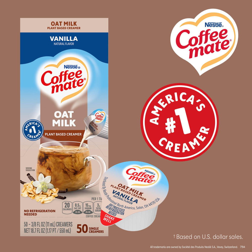 Coffee-mate pouring oat milk creamer into coffee for smooth flavor