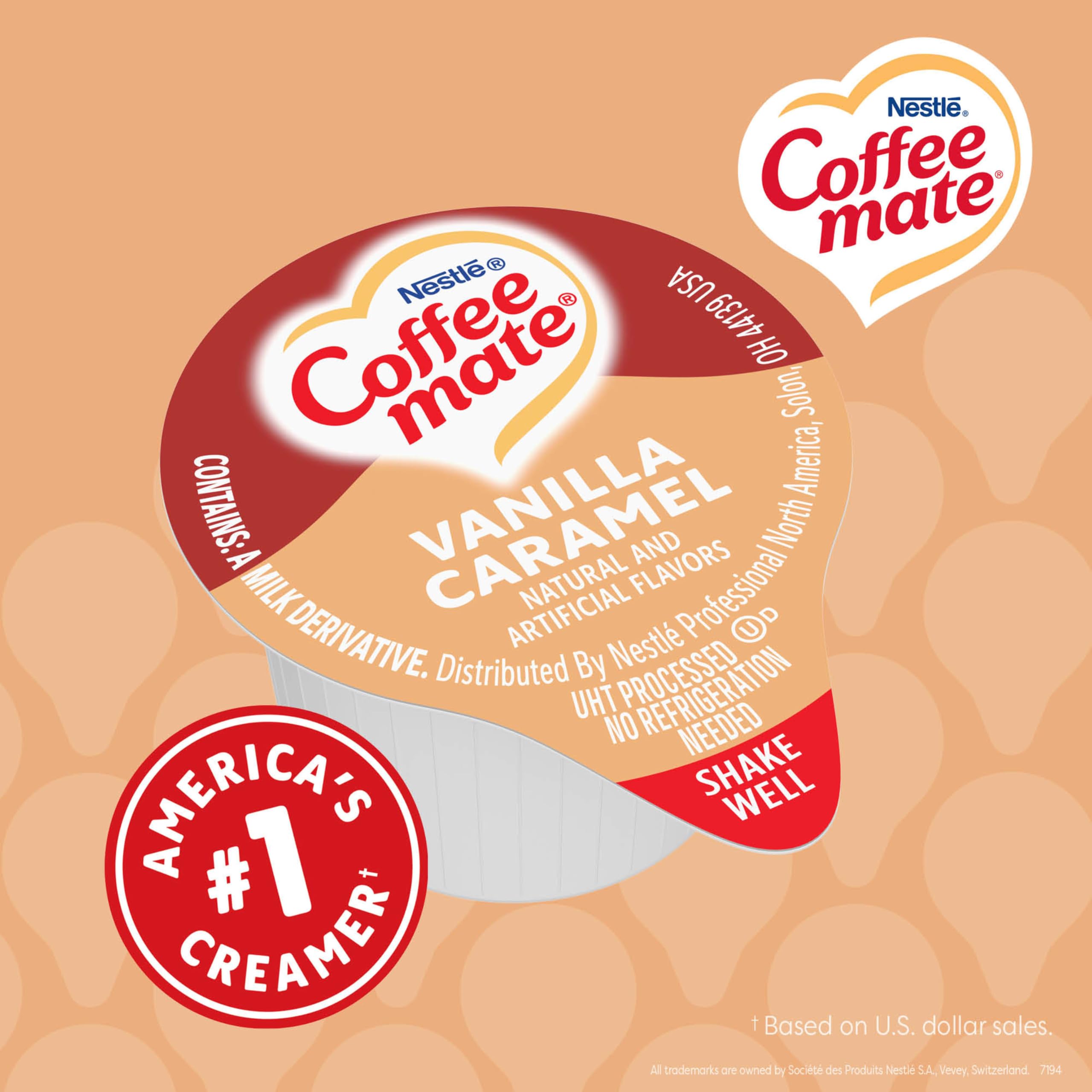 Coffee Mate singles arranged in office breakroom for guest convenience