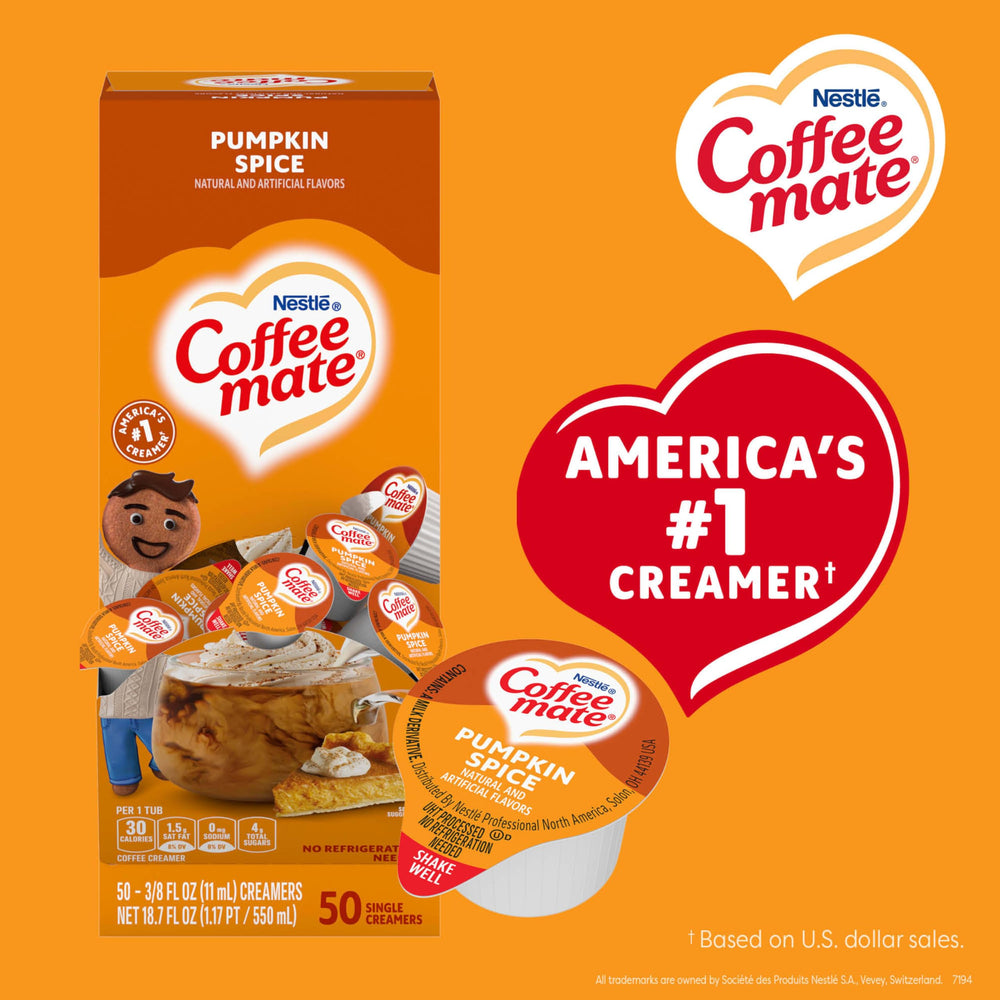 Office coffee station with Coffee Mate Pumpkin Spice singles offering guest-friendly seasonal flavor