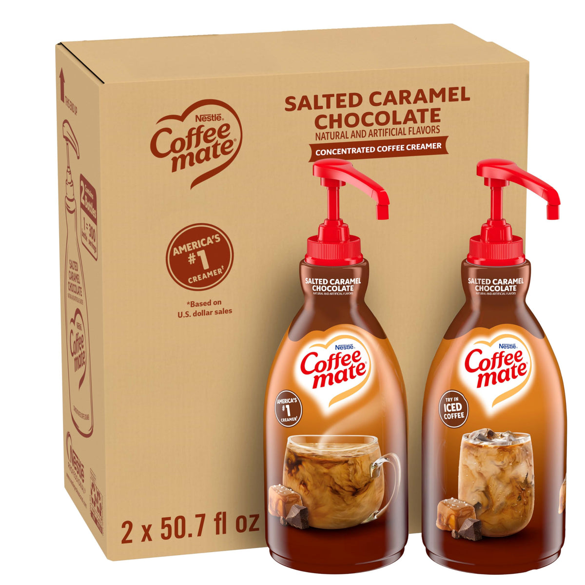 Coffee mate front packaging shows salted caramel chocolate creamer and clear brand benefit