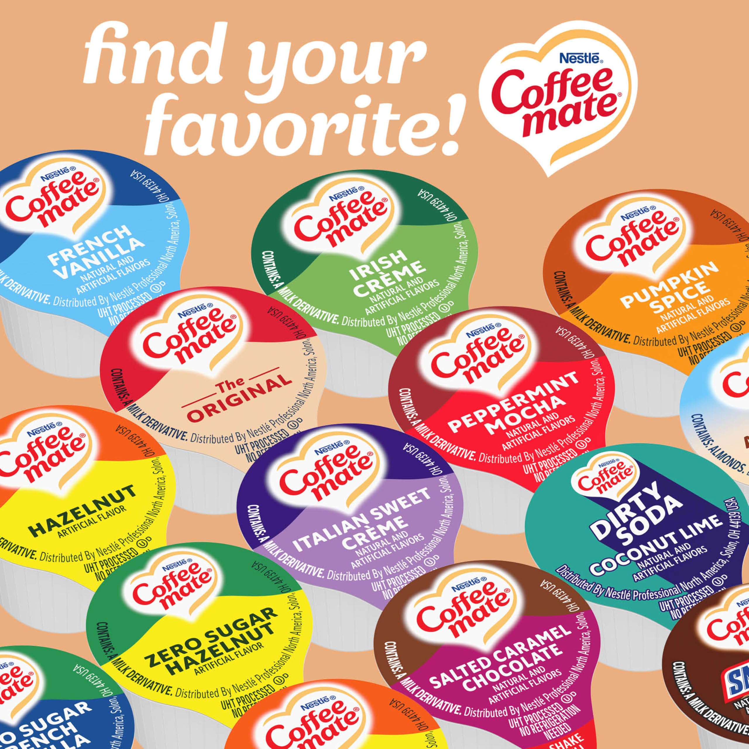 Coffee Mate single tub beside coffee cup to show compact portion size