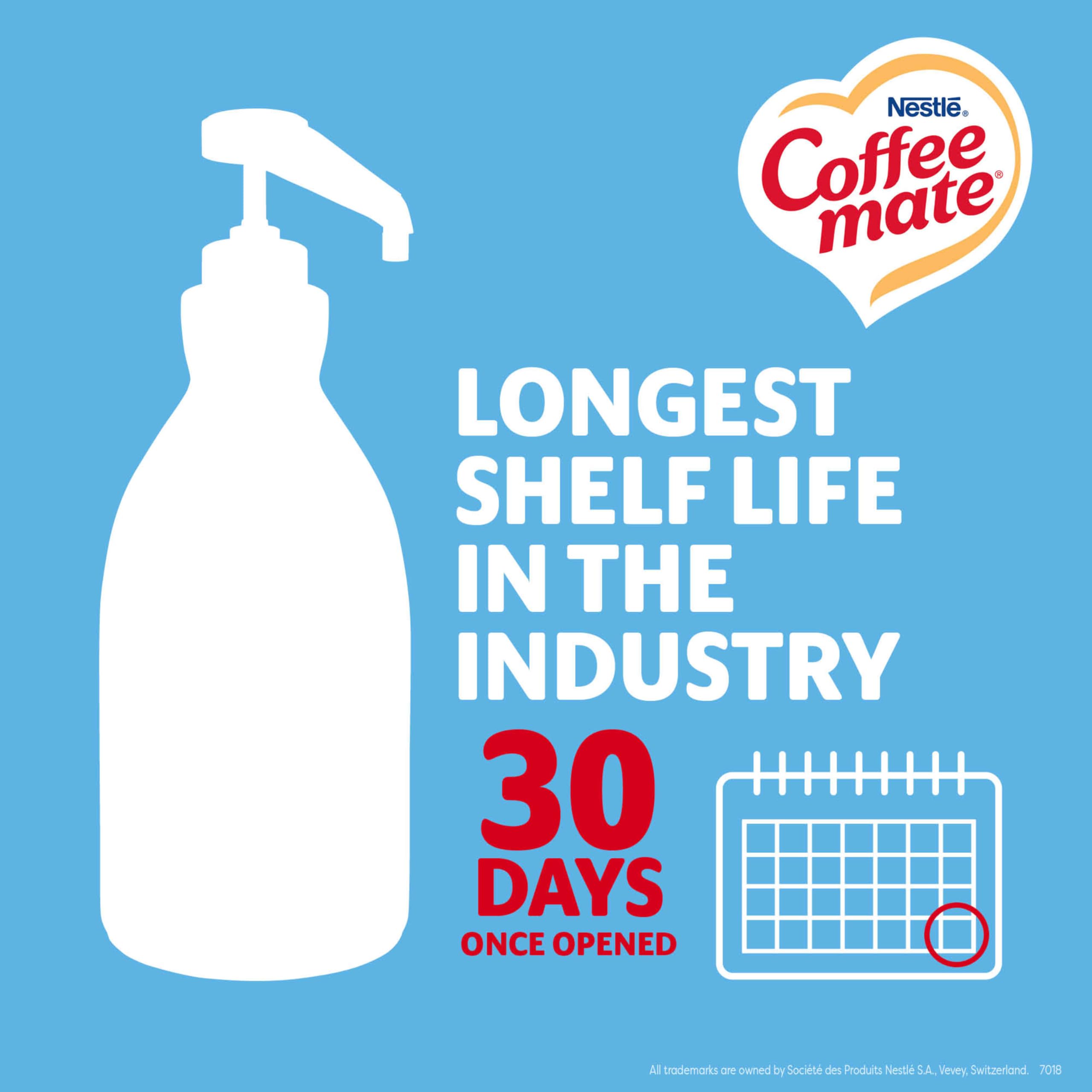 50.7 oz Coffee Mate beside mug showing servings and scale benefit