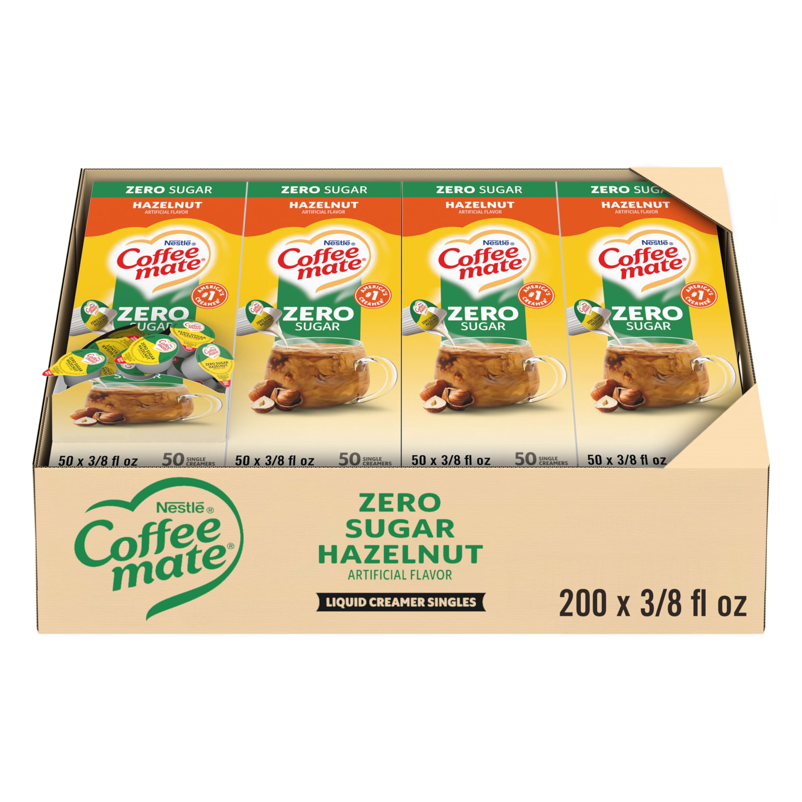 Coffee mate front packaging showing 200-pack and hazelnut flavor benefit convenience