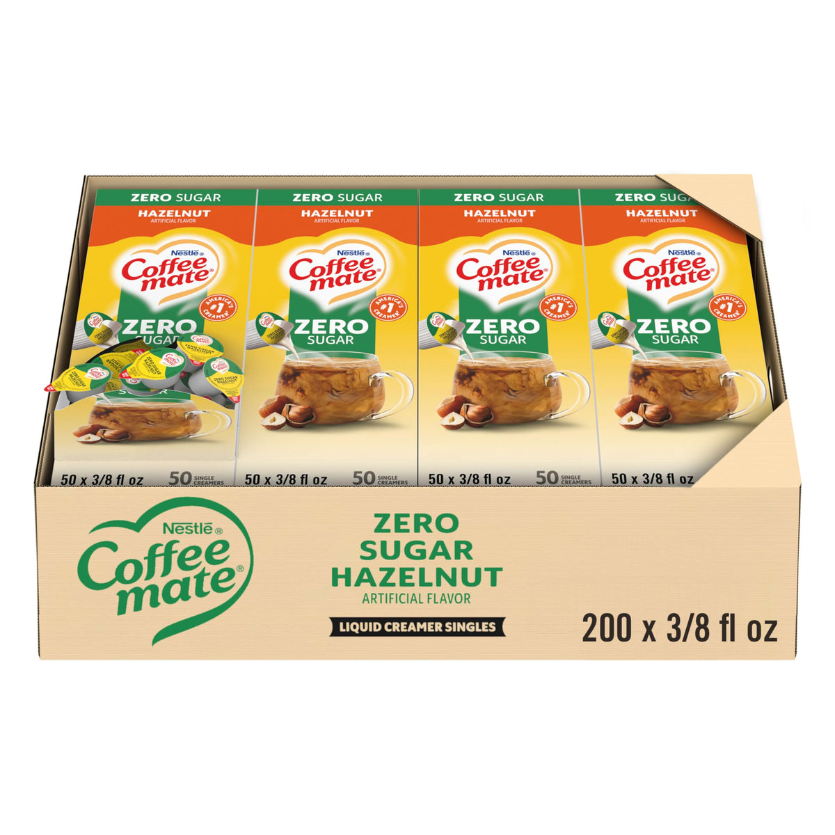 Coffee mate front packaging showing 200-pack and hazelnut flavor benefit convenience