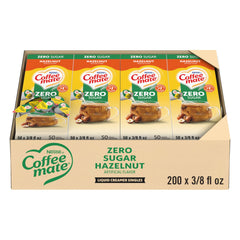 Coffee mate front packaging showing 200-pack and hazelnut flavor benefit convenience
