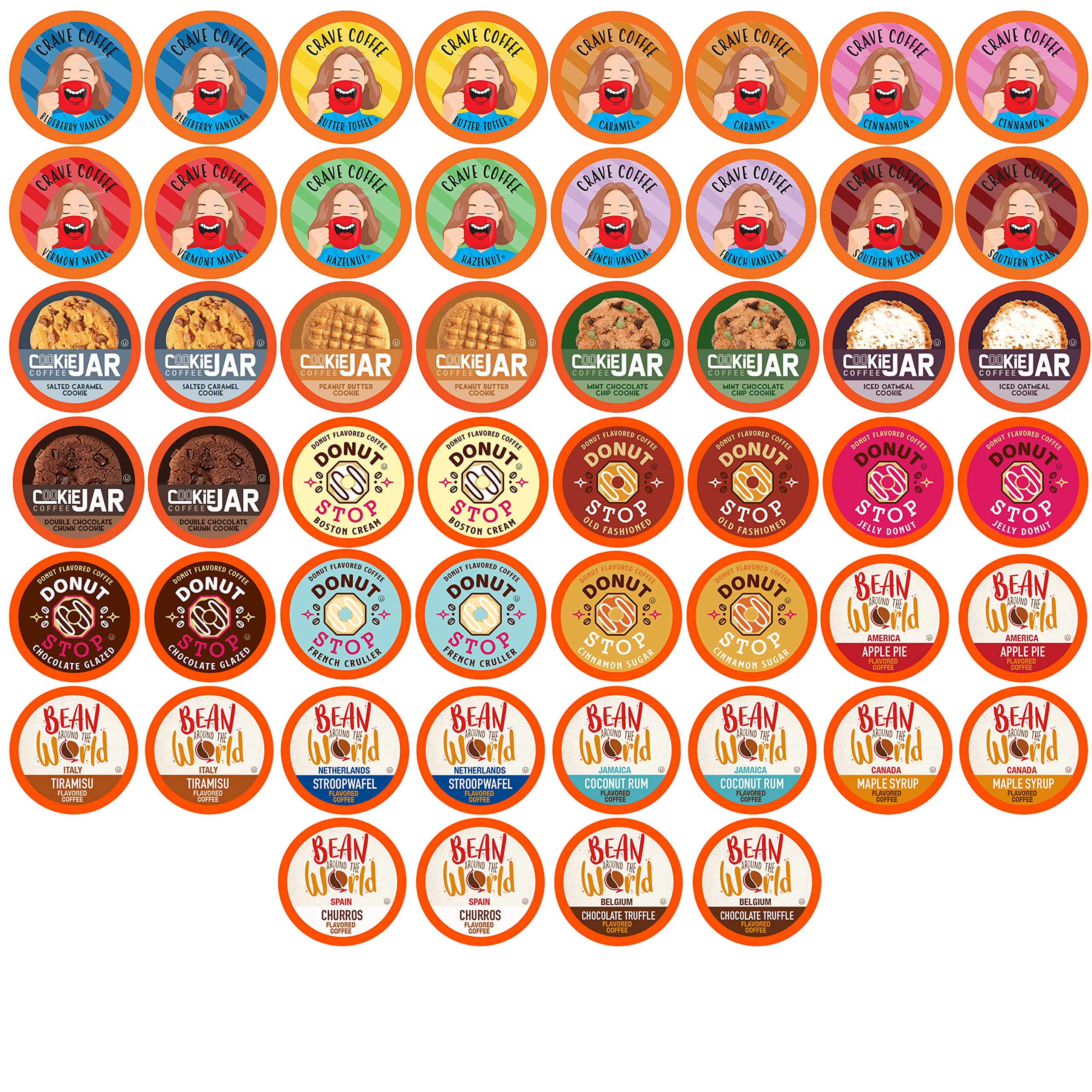 Coffee Pod Variety Packs front packaging showing 52-count assortment and benefits