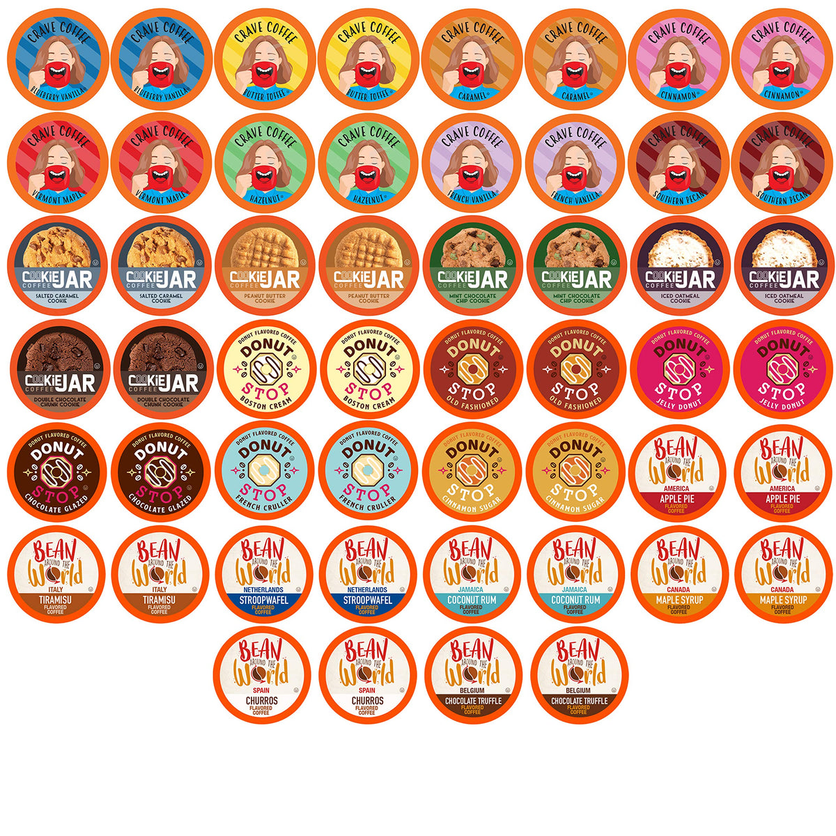 Coffee Pod Variety Packs front packaging showing 52-count assortment and benefits