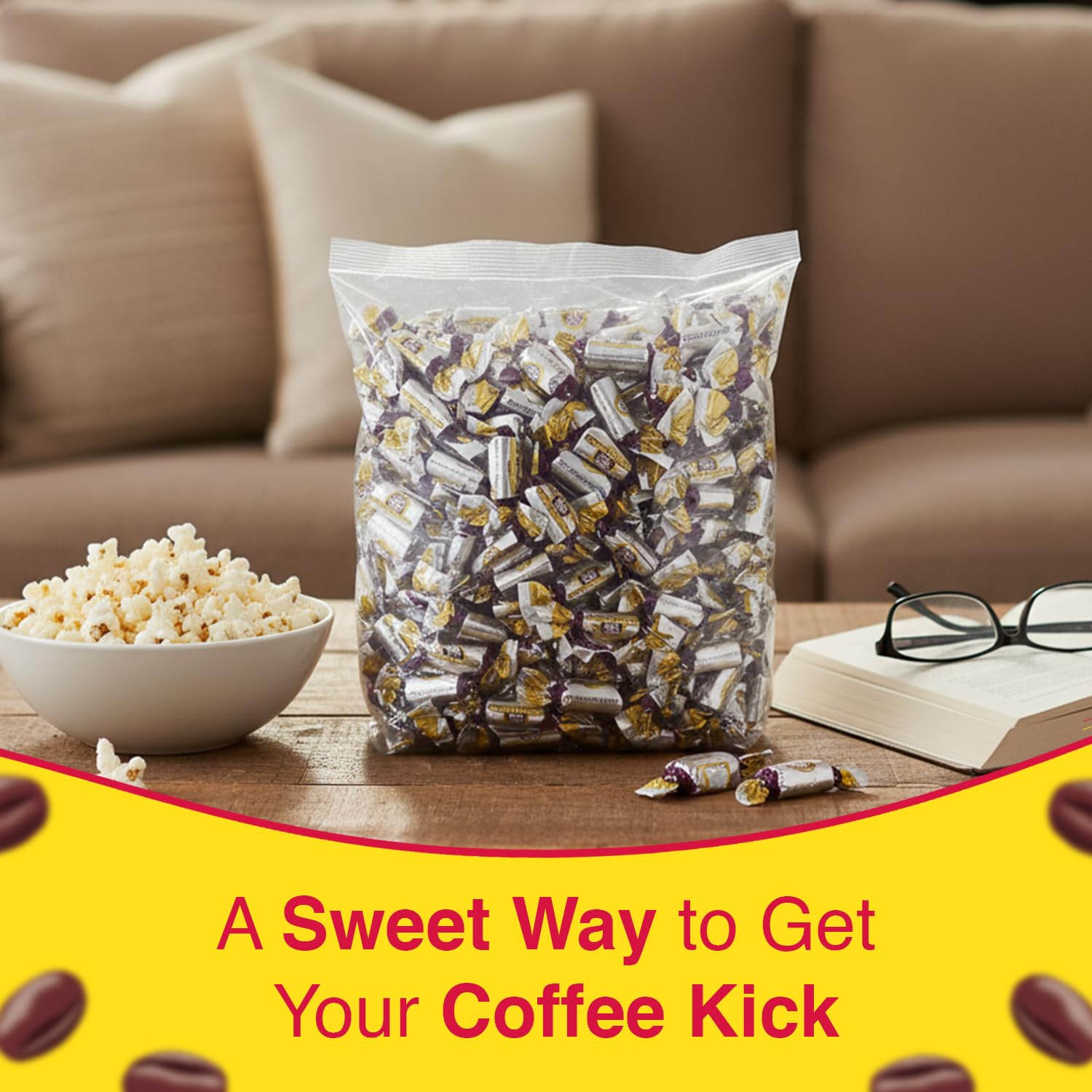 Coffee Rio candies in a serving bowl on an office desk for shared snacking