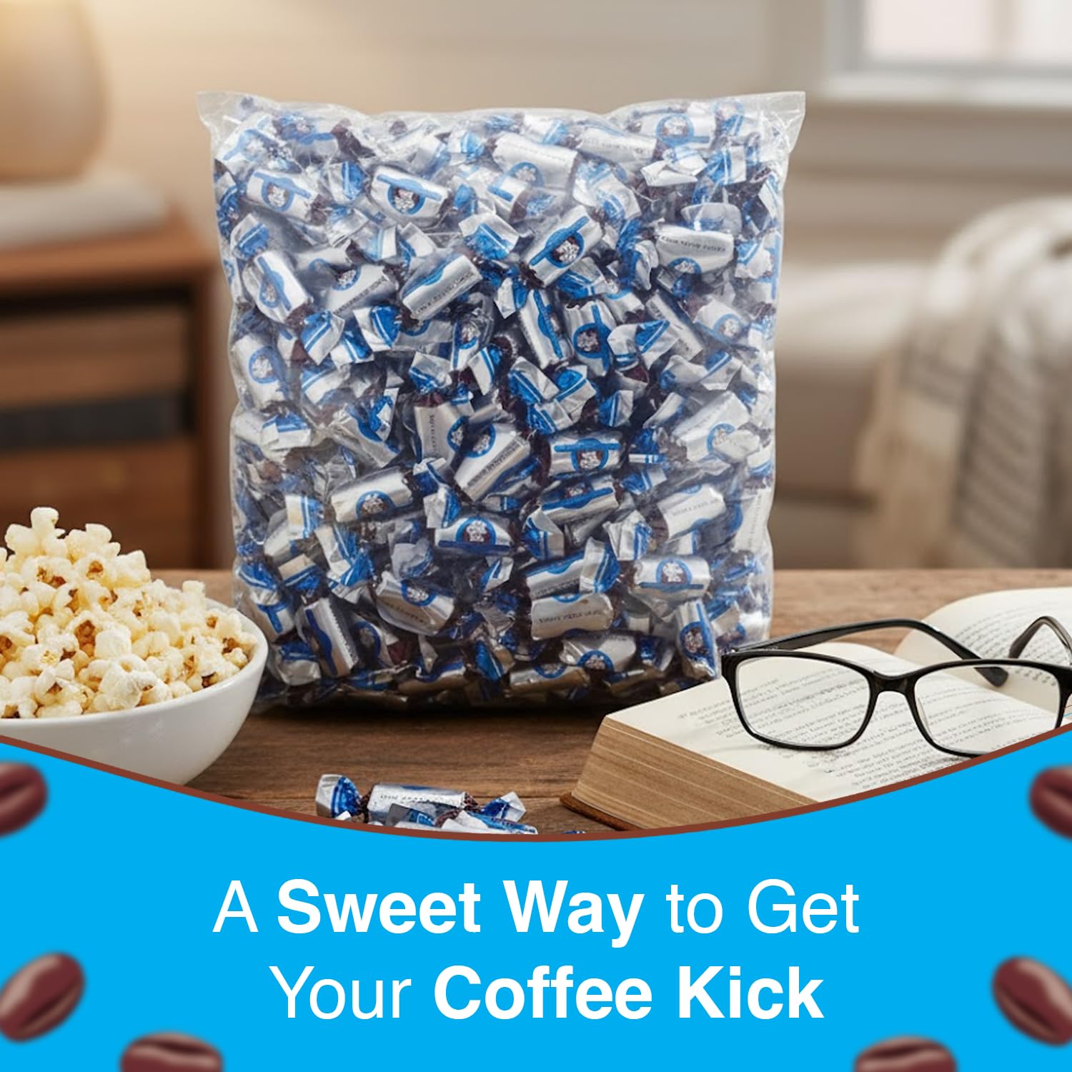 Hand holding Coffee Rio candy to show size and portable, on‑the‑go benefit