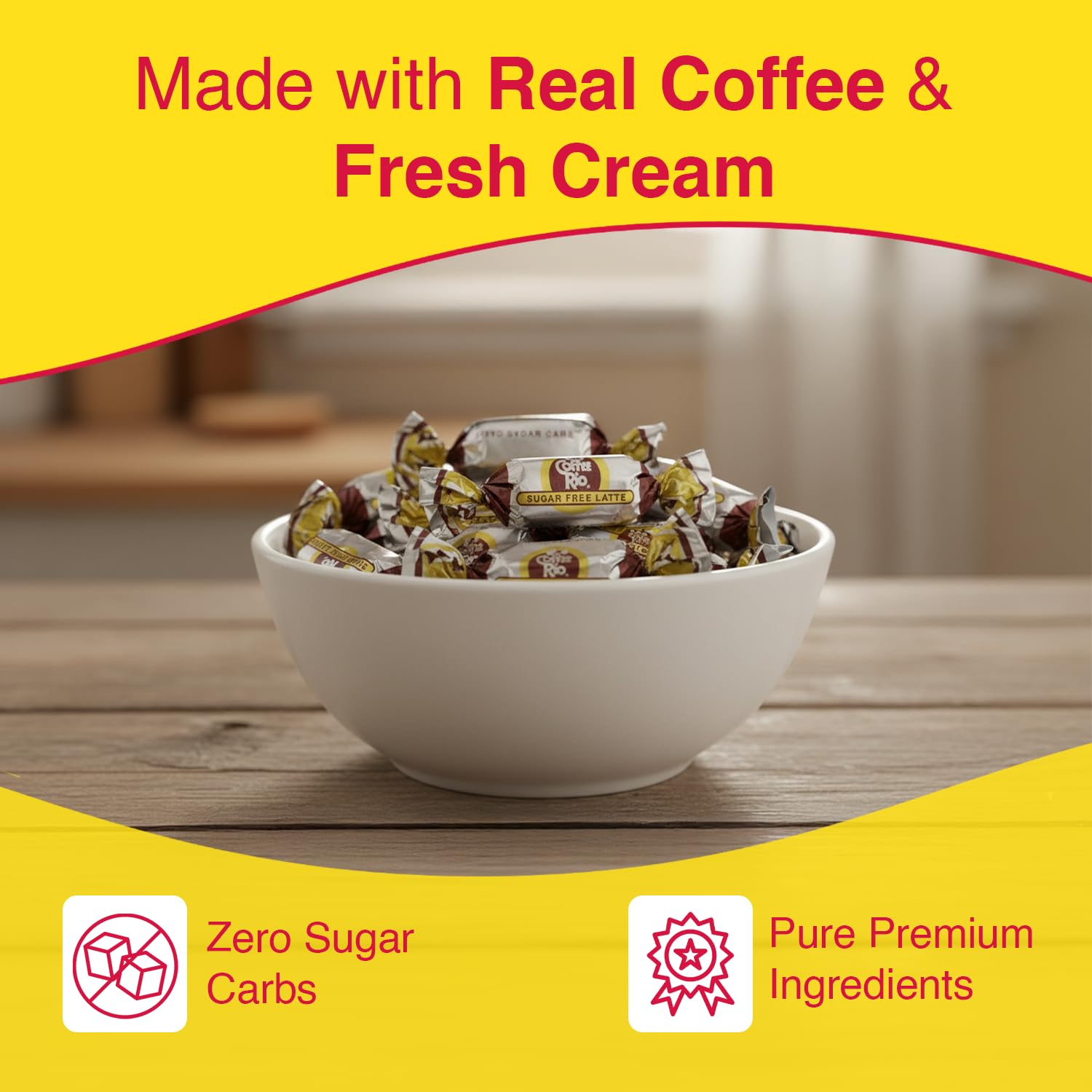 Coffee Rio candy beside a hand for size comparison and single-serve convenience